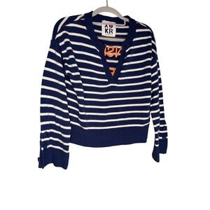 XOKR Kerri Rosenthal striped v neck embroidered font graphic sweater pullover